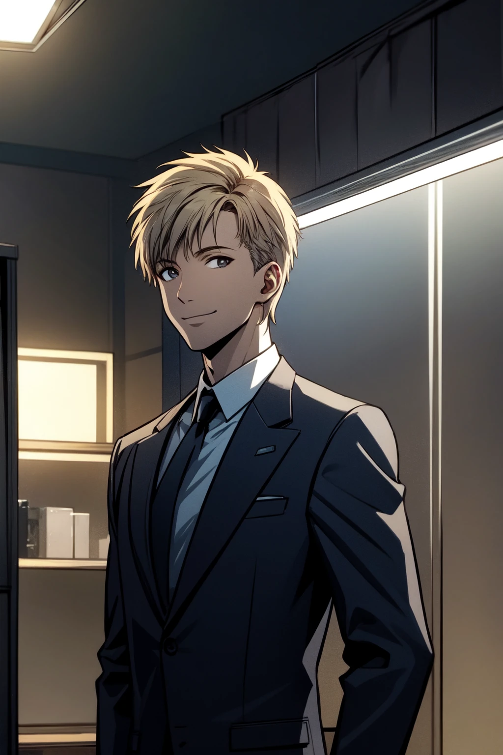 detailed background, best quality, masterpiece, cinematic lighting, highly detailed,
upper body, hdr,
2d 1boy hair-shader straight-on hair-over-ears modern-haircut confused-smile, business suit, dungeon,