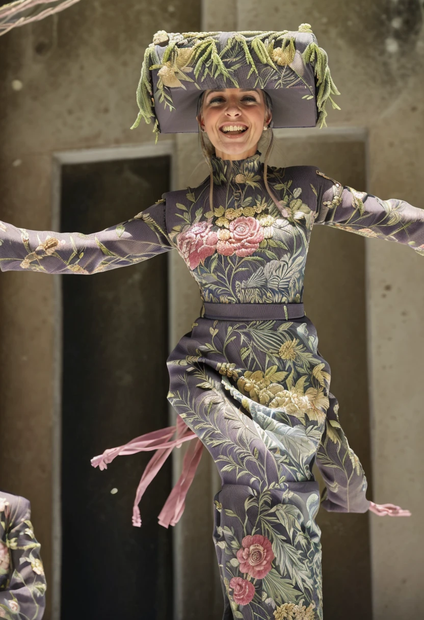 <lora:McQueen_Flower_Dress_SD15:1> a woman wearing a dress with a floral design and a hat (big breasts:0.7), (visible hands, visible fingers, nail polish:1.3), (dynamic pose, dynamic angle, action pose, action shot, leaping:1.3), smiling, arms swinging, at a village festival
fFaceDetail