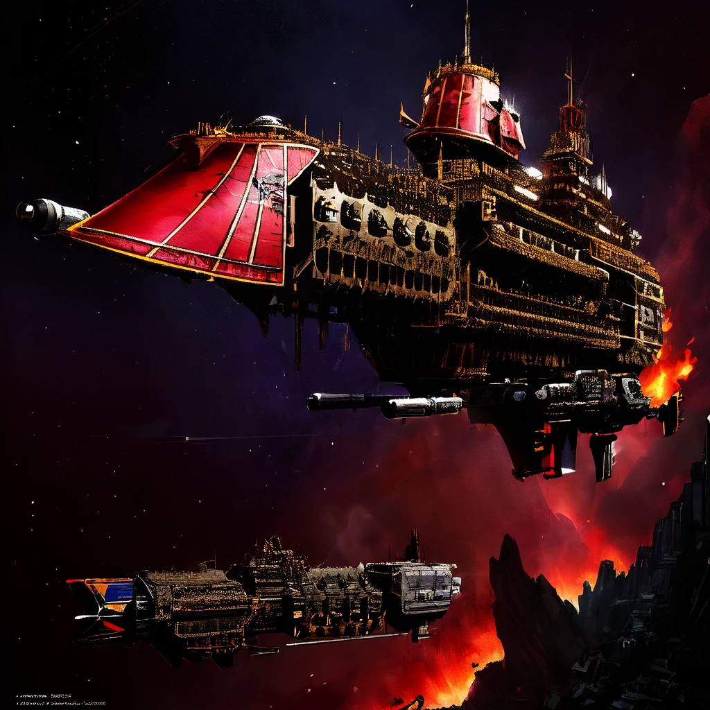 impstarship, cruiser, in_space, (yellow, red), nebula, asteroids, battle, exposions, fire, motion_blur, pulp_comic, heavy_lines, hand_drawn, hand_inked, hand_colored,