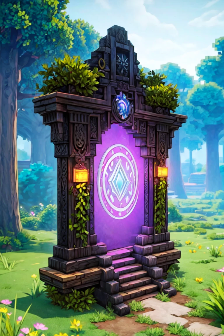 ((masterpiece,best quality)), anime style,  <lora:more_details:0.5>,  <lora:Nether_Portal:0.8>, portal, stargate, gateway, purple glow,  Nether Portal, flower, tree, grass, plant, stairs, moss