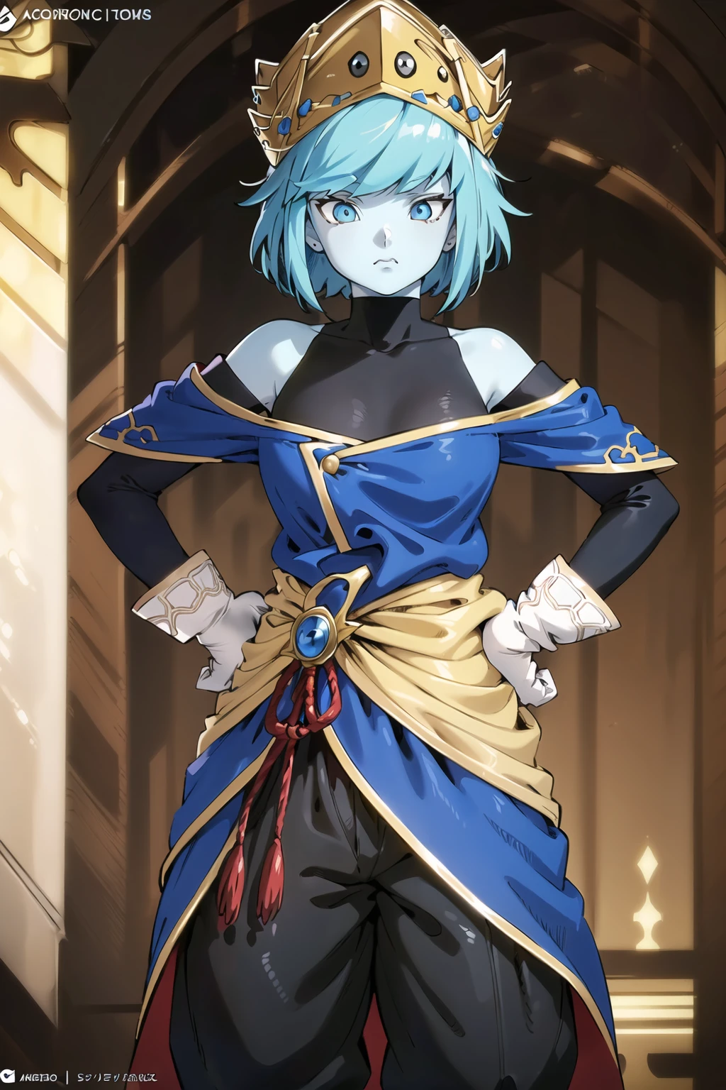 ((best quality)), ((highly detailed)), masterpiece, ((official art)), detailed face, beautiful face, (detailed eyes, deep eyes, intricately detailed,hyperdetailed, blurry background,depth of field,best quality, masterpiece,intricate details,tonemapping, sharp focus, hyper detailed,(cowboy shot:1.1),trending on Artstation ,high res, official art,Aeos, 1girl, short hair, gloves, bare shoulders, blue hair, boots, pants, white gloves, off shoulder, colored skin, turtleneck, crown, blue skin, hands on hip<lora:EMS-310181-EMS:0.800000>