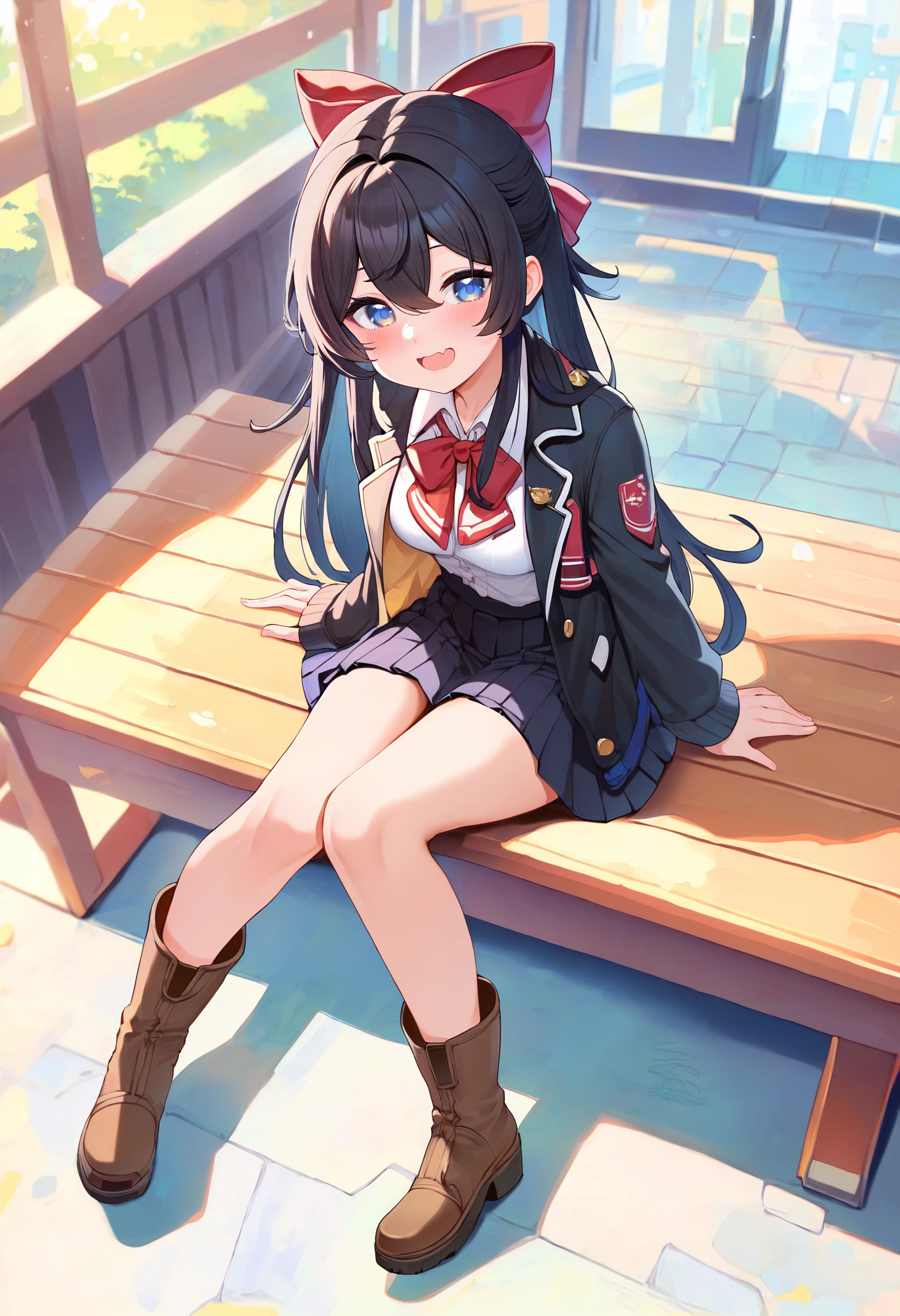 score_9,score_8_up,score_7_up,<lora:PDFA_Style5118164398:1>,1girl,solo,blush,smile,looking at viewer,black hair,:d,black bow,black jacket,black skirt,blue eyes,boots,bow,breasts,brown eyes,brown footwear,cleavage,collared shirt,dress shirt,fang,full body,hair between eyes,hair bow,jacket,knee boots,knees together feet apart,long hair,long sleeves,miniskirt,neckerchief,open clothes,open jacket,open mouth,pleated skirt,red neckerchief,school uniform,shirt,sitting,sitting on bench,skirt,small breasts,very long hair,wavy mouth,white shirt,