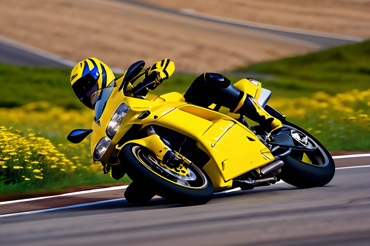 Photo of a  yellow ducati916 being ridden on a curvy road in the mountains <lora:Ducati_916_by_IMAK:.6>