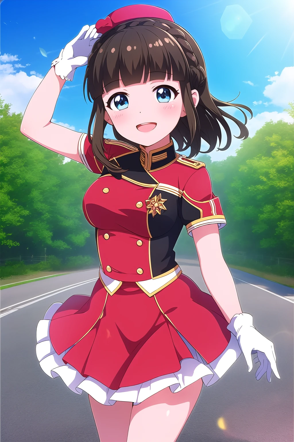 (masterpiece, best quality), highly detailed background, perfect lightingbest quality, asahinakokomi, solo, outdoors, mini hat, black hair, blunt bangs, single hair bun, crown braid, medium hair, blue eyes, medium breasts, red dress, short sleeves, white gloves, miniskirt, frilled skirt, band uniform, smile, open mouth, :d, pink lips, <lora:Asahina-Kokomi:0.7>