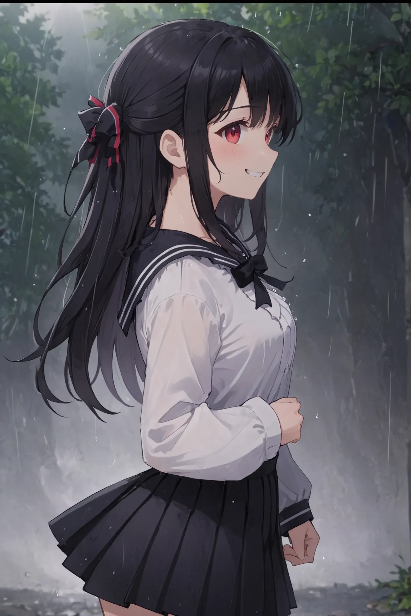 anime, 1girl, solo, outdoors, black hair, black ribbon, closed mouth, eyelashes, from side, gradient background, grin, hair between eyes, long sleeves, looking at viewer, looking to the side, neck ribbon, pleated skirt, rain, red eyes, ribbon, shirt, sidelocks, skirt, smile, standing, striped, striped shirt