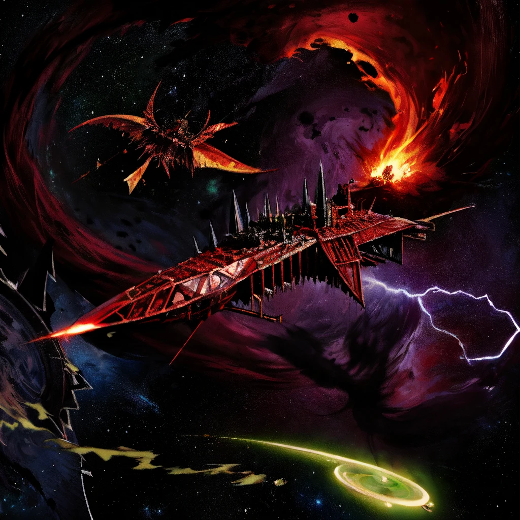 chaoswarfleet, in space, (red), spikes, demons, battle, exposions, fire, motion_blur, maelstrom, storm, green glow, lightning, no humans, pulp_comic, heavy_lines, hand_drawn, hand_inked, hand_colored,