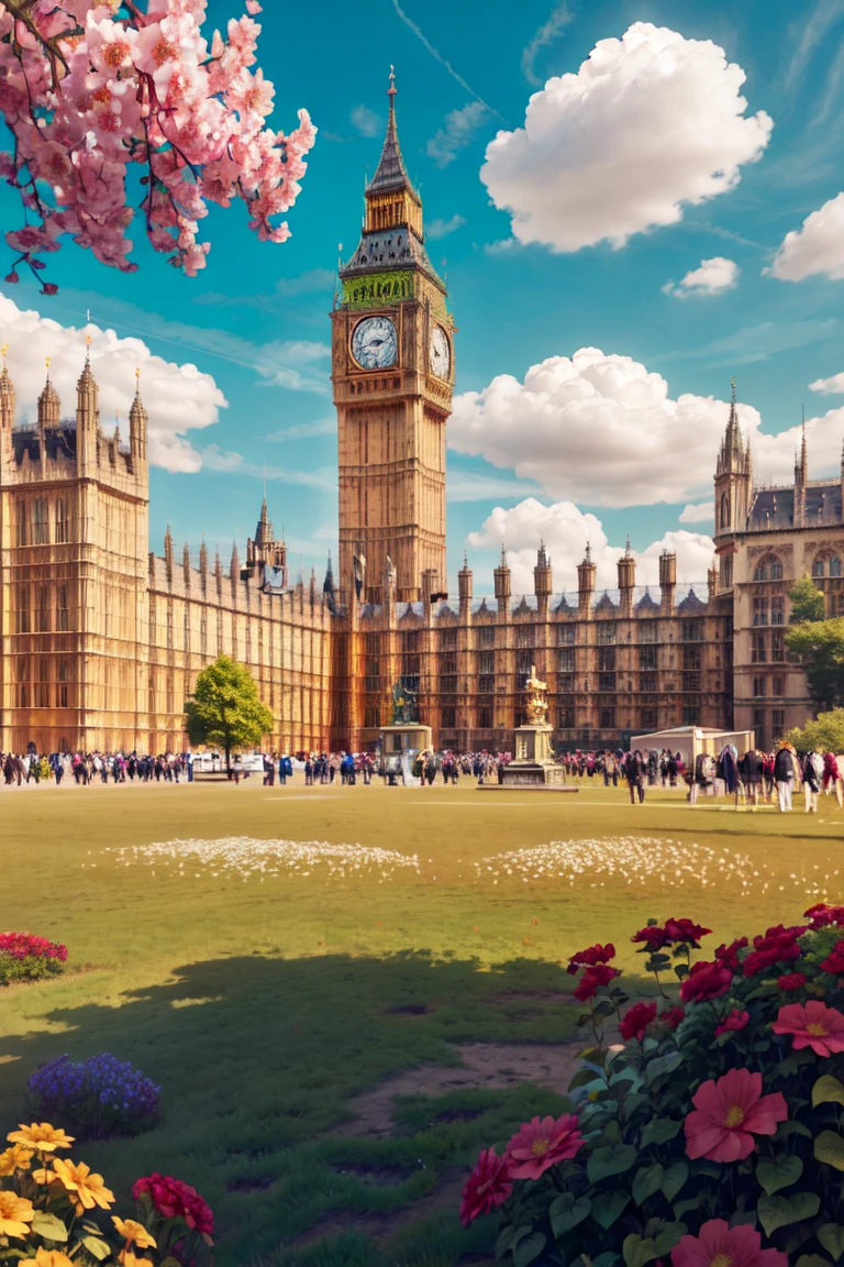 ((masterpiece,best quality)), anime style,  <lora:Big_Ben:0.8>,  Big Ben, flower, day, cloud, tree, blue sky, grass, field, castle, <lora:more_details:0.5>