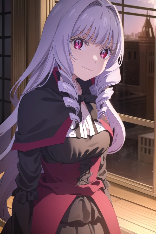 joannajoannascoreadorianuljika, <lora:joanna joannascore adorian uljika s1-lora-nochekaiser:1>,
joanna joannascore adorian uljika, long hair, bangs, (red eyes:1.3), purple hair, hair intakes, drill hair, bangs, smile,
BREAK dress, ribbon, black dress, capelet, frills, long sleeves,
BREAK indoors, castle,
BREAK looking at viewer, (cowboy shot:1.5), dynamic pose,
BREAK <lyco:GoodHands-beta2:1>, (masterpiece:1.2), best quality, high resolution, unity 8k wallpaper, (illustration:0.8), (beautiful detailed eyes:1.6), extremely detailed face, perfect lighting, extremely detailed CG, (perfect hands, perfect anatomy),