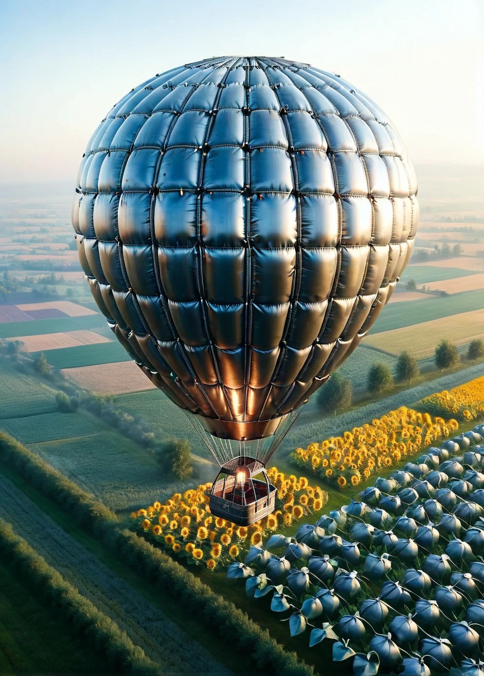 ais-wldd a hot air balloon patchwork quilt floating above a field of sunflowers <lora:ais-wldd-sdxl:1>