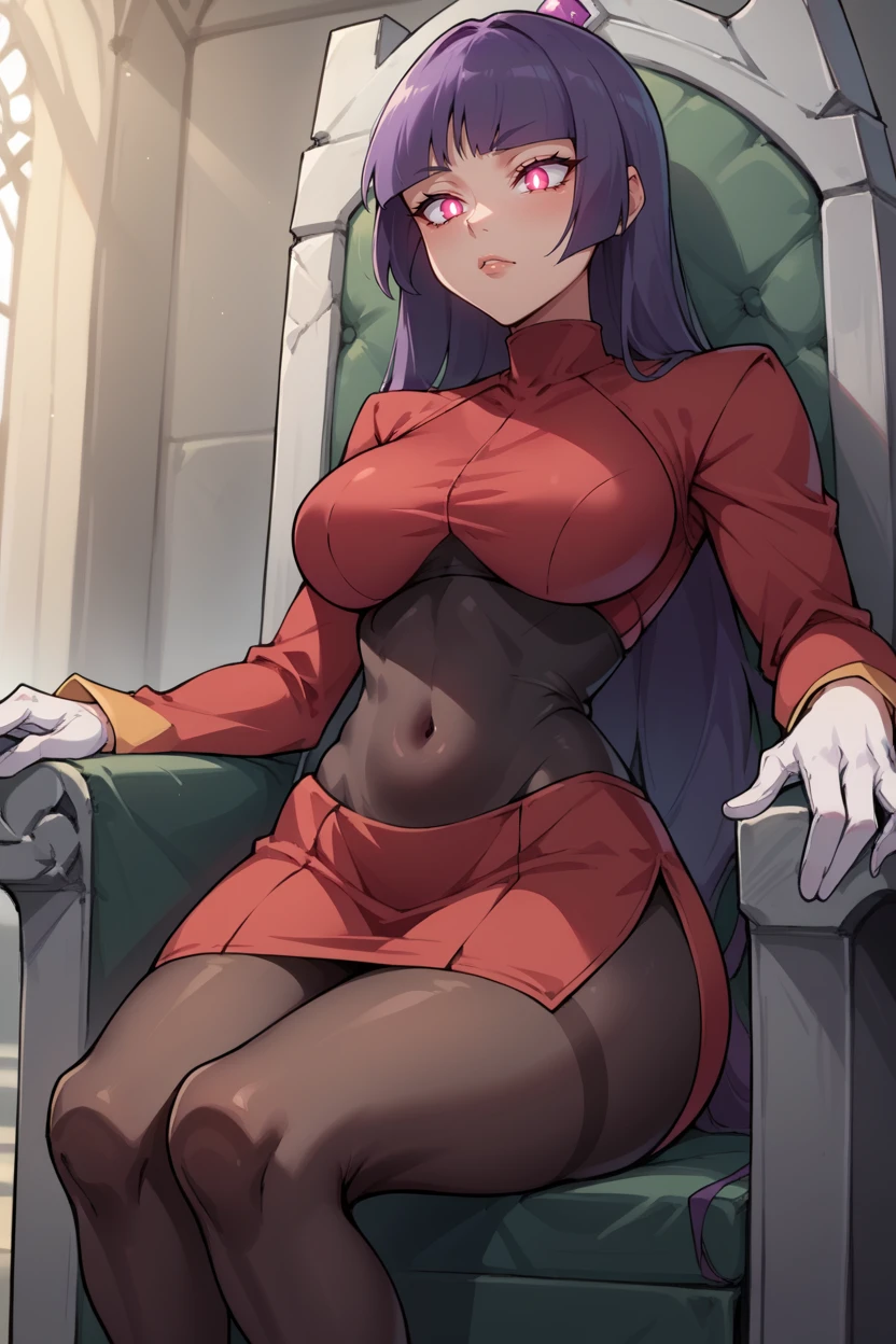 score_9, score_8_up, source_anime, 1girl, solo BREAK  <lora:sabrina-pdxl-nvwls-v1-000006:1> frlgsab, blunt bangs, very long hair, black bodysuit, red turtleneck, crop top, covered navel, red sleeves, red skirt, white gloves, black pantyhose, (large breasts:0.7), fingers together, purple glow, glowing eyes, sitting, chair, throne