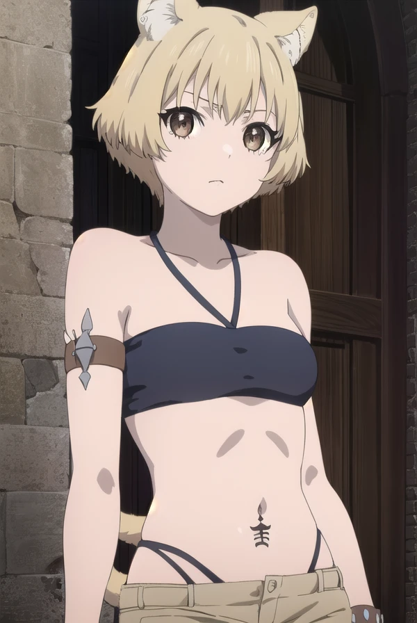 kemonomisha, <lora:kemono misha s1-lora-nochekaiser:1>,
misha, short hair, blonde hair, animal ears, (brown eyes:1.5), cat ears, cat tail,
BREAK thighhighs, navel, bare shoulders, jewelry, shorts, midriff, black thighhighs, bracelet, short shorts, tattoo, bandeau,
BREAK outdoors, forest,
BREAK looking at viewer, (cowboy shot:1.5), dynamic pose,
BREAK <lyco:GoodHands-beta2:1>, (masterpiece:1.2), best quality, high resolution, unity 8k wallpaper, (illustration:0.8), (beautiful detailed eyes:1.6), extremely detailed face, perfect lighting, extremely detailed CG, (perfect hands, perfect anatomy),