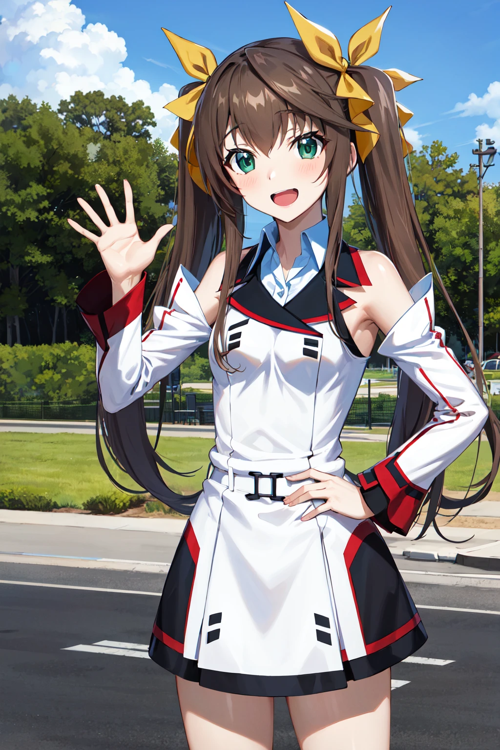 masterpiece, best quality, highres, aahuang, long hair, twintails, hair ribbon, small breasts, school uniform, white dress, detached sleeves, <lora:huang_lingyin_v1:0.7>, standing, cowboy shot, outdoors, smile, open mouth, waving,