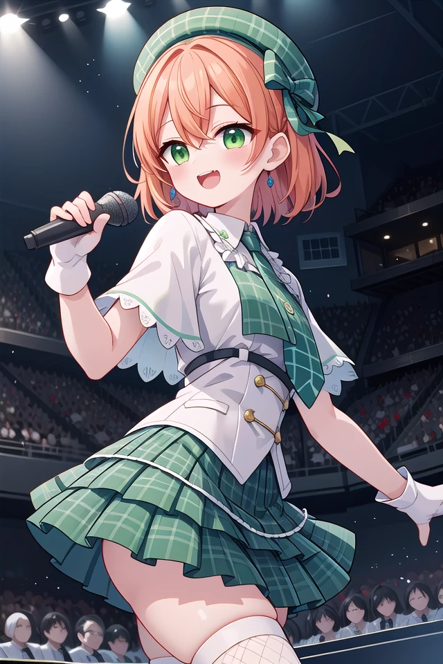 insanely detailed, absurdres, ultra-highres, ultra-detailed, best quality,
1girl, solo, nice hands, perfect hands
BREAK
(gothic drress, Idol costume:1.3), (green and white theme:1.2), (white blouse:1.4), (white collar, tie:1.3), (open short-cape:1.3), (short sleeve:1.2), (green tartan-check pattern (ruffle-skirt, multilayer-skirt):1.4), (white basque-beret with ribbon:1.3), (Fishnet stockings:1.3), (glove:1.2), (cleavage:-1.5)
BREAK
happy smile, laugh, open mouth, (standing, singing, dancing, holding microphone:1.4),
from side,
seductive pose, cowboy shot
BREAK
slender, kawaii, perfect symmetrical face, ultra cute girl, ultra cute face, ultra detailed eyes, ultra detailed hair, ultra cute, ultra beautiful
BREAK
indoors, concert hall, idol live, crowded audience
BREAK
large breasts,
(orange medium hair, green eyes), hair between eyes