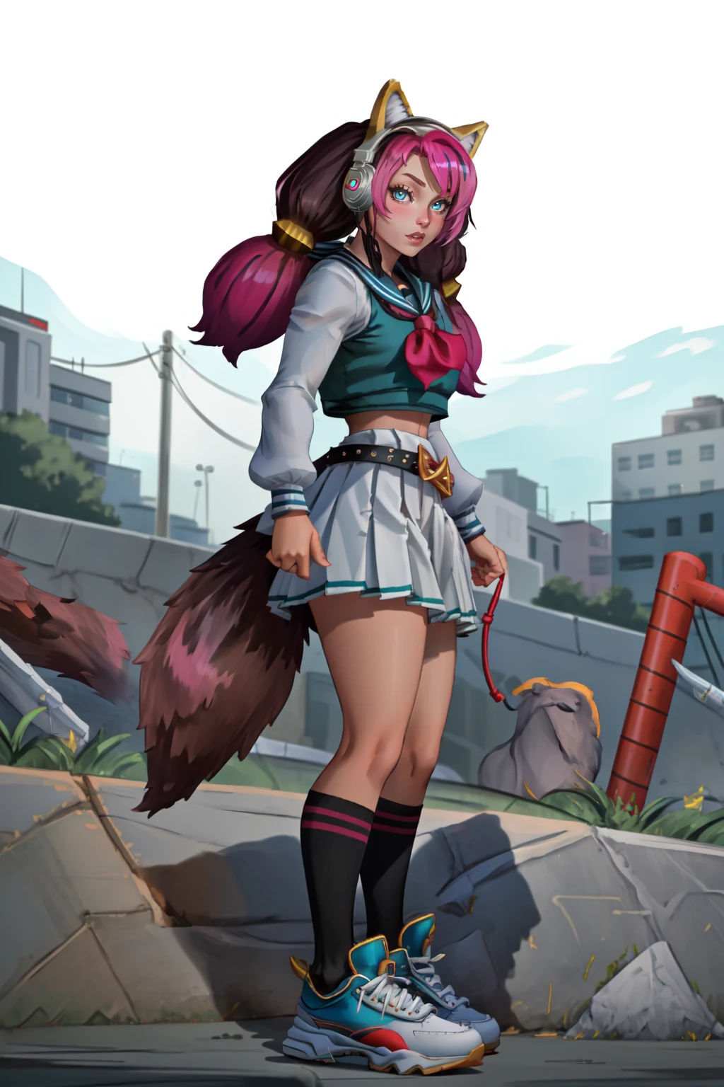 MaeveStreet, 1girl, solo, long hair, ((Serafuku)), animal ear headphones, long sleeves, stripped sleeves, blue eyes, wolf tail, pink hair, looking at viewer, ((school_uniform)), shoes, (twintails), belt, socks,   petite, black undershirt, fake animal ears, headphones, sneakers, glowing eyes, two-tone hair, ((pleated skirt)), 
(skatepark, concrete jungle background),  <lora:MaeveStreet:0.8>