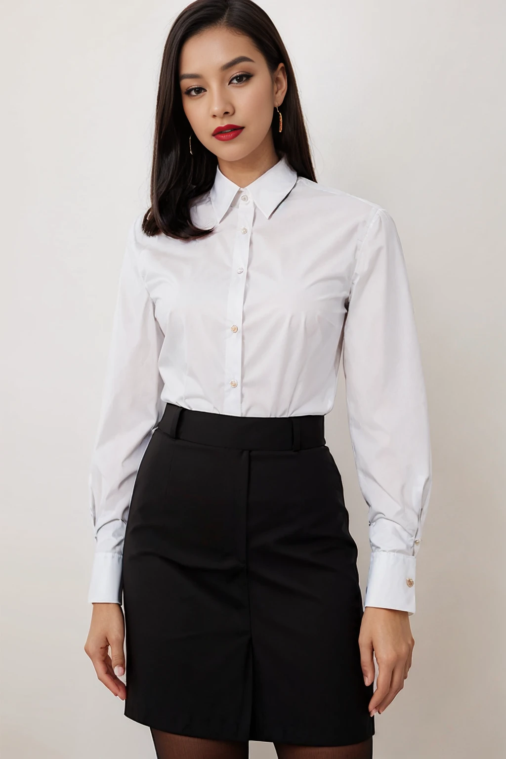 crisp white collared shirt, with a black cotton_lpskirt, high_waist_lpskirt, vixen, tall, lean, triangular face, tan skin, black hair, brown eyes, long nose, thick lips, round chin, shoulder-length hair, straight hair, soft breasts, threader earrings, stain lipstick, hands on hips, <lora:collaredShirt-000020:0.75>, <lora:v1:0.7>, photographed on a Fujifilm GFX 100, 80mm F/1.7 prime lens, cinematic film still, cinestill 500T, highly detailed, masterpiece, highest quality, intricately detailed, HDR, 8k, uhd, photorealistic