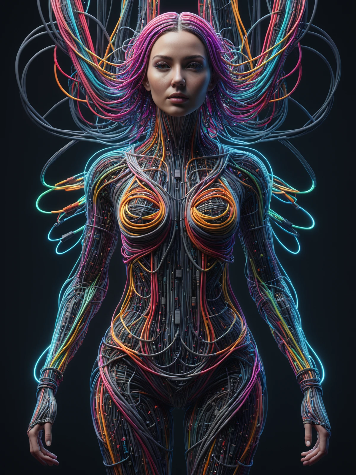 woman made of mad-cables floating cyberspace, neon lights, fullbody, floating symbols,  <lora:Cables_SDXL:0.8>, (masterpiece:1.2), best quality, (hyperdetailed, highest detailed:1.2), high resolution textures