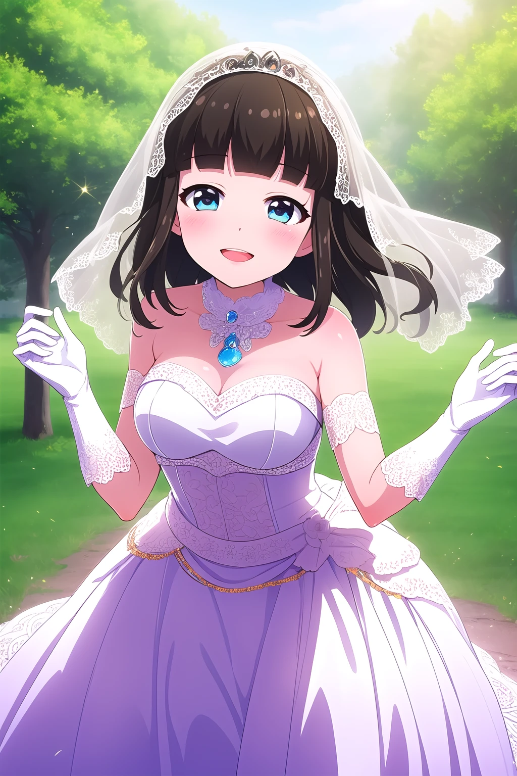 (masterpiece, best quality), highly detailed background, perfect lightingbest quality, asahinakokomi, solo, outdoors, bridal veil, black hair, blunt bangs, crown braid, medium hair, wavy hair, blue eyes, medium breasts, wedding dress, white dress, white gloves, frilled skirt, smile, open mouth, :d, pink lips, <lora:Asahina-Kokomi:0.7>