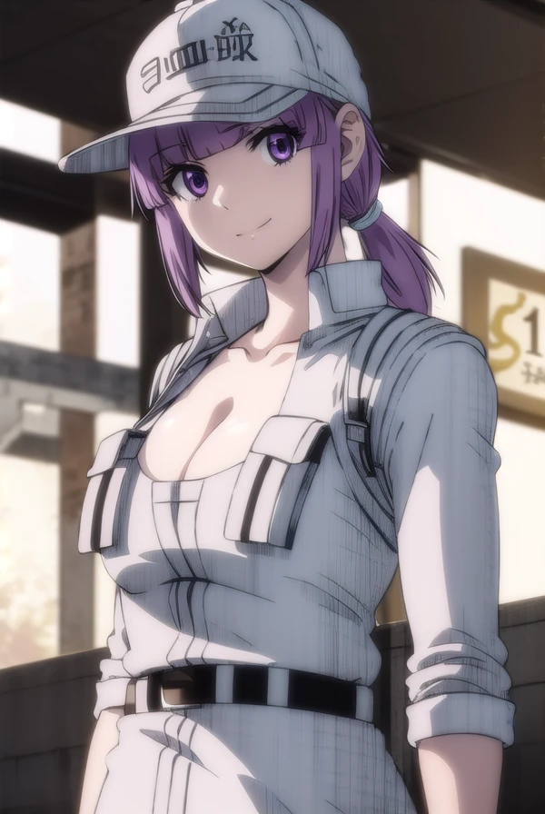whitebloodcell8787, <lora:white blood cell 8787 s1-lora-nochekaiser:1>,
white blood cell 8787, short hair, bangs, (purple eyes:1.1), purple hair, blunt bangs, ponytail, low ponytail, smile,
BREAK gloves, hat, cleavage, black gloves, belt, fingerless gloves, uniform, white headwear, baseball cap, white pants,
BREAK outdoors,
BREAK looking at viewer, (cowboy shot:1.5), dynamic pose,
BREAK <lyco:GoodHands-beta2:1>, (masterpiece:1.2), best quality, high resolution, unity 8k wallpaper, (illustration:0.8), (beautiful detailed eyes:1.6), extremely detailed face, perfect lighting, extremely detailed CG, (perfect hands, perfect anatomy),