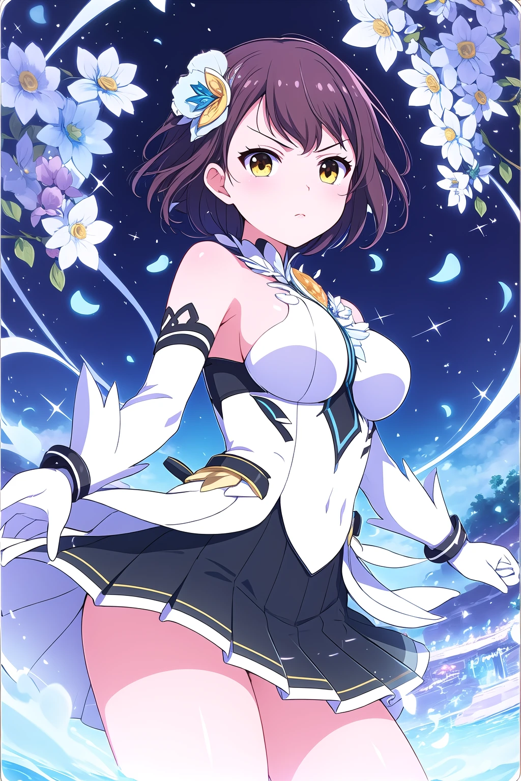 (masterpiece, best quality), highly detailed background, perfect lightingbest quality, sakaidemariy, solo, outdoors, magical girl, serious, brown hair, swept bangs, hair flower, gem, brooch, blue flower, hair ornament, short hair, yellow eyes, medium breasts, bodysuit, blue dress, bare shoulders, detached sleeves, white gloves, black skirt, miniskirt, pleated skirt, closed mouth, pink lips, <lora:Sakaide-Mari:0.7>