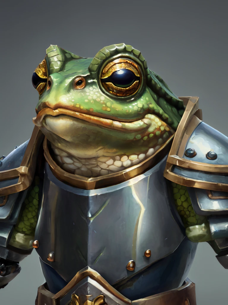 stylized frog wearing knight armor, close-up portrait