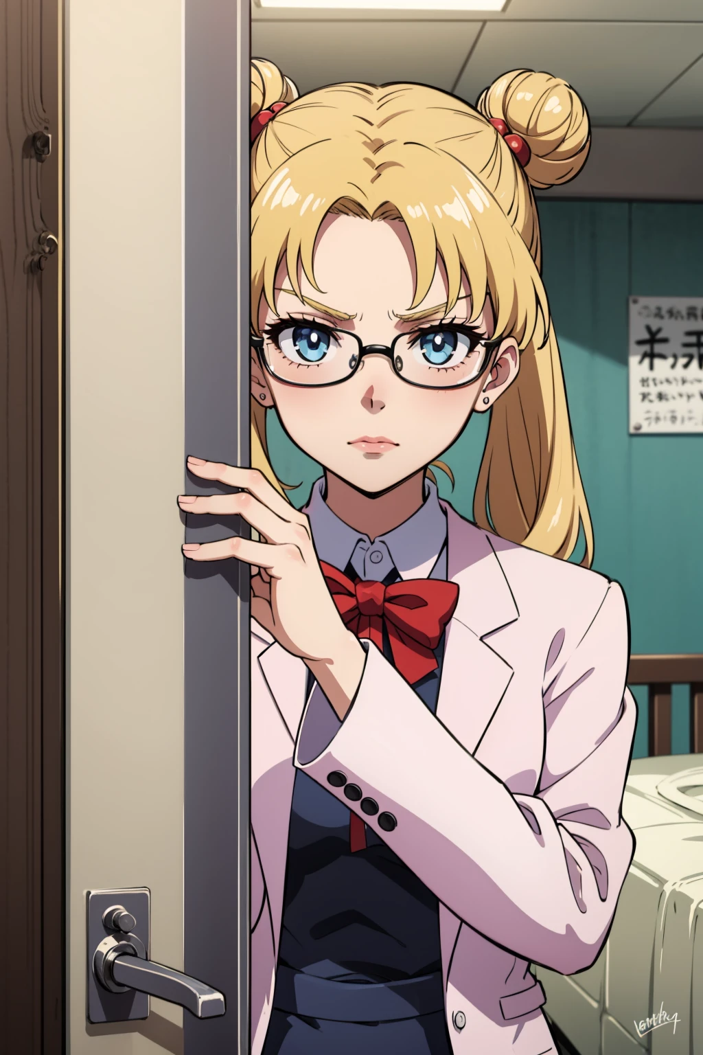 masterpiece, best quality, 1girl, solo, looking at viewer, <lora:EPsmSailorMoon-06:0.7>, EPsmSailorMoon, blonde hair, blue eyes, long hair, very long hair, twintails, hair bun, double bun
BREAK
ink bow, scientist, labcoat, glasses, collared shirt, pencil skirt, <lora:infirmary_v0.1:1>, infirmary, curtains, hospital bed, <lora:peeking_out_upper_body_pruned:1.2>, peeking out upper body, opening door, glaring, shaded face, closed mouth
