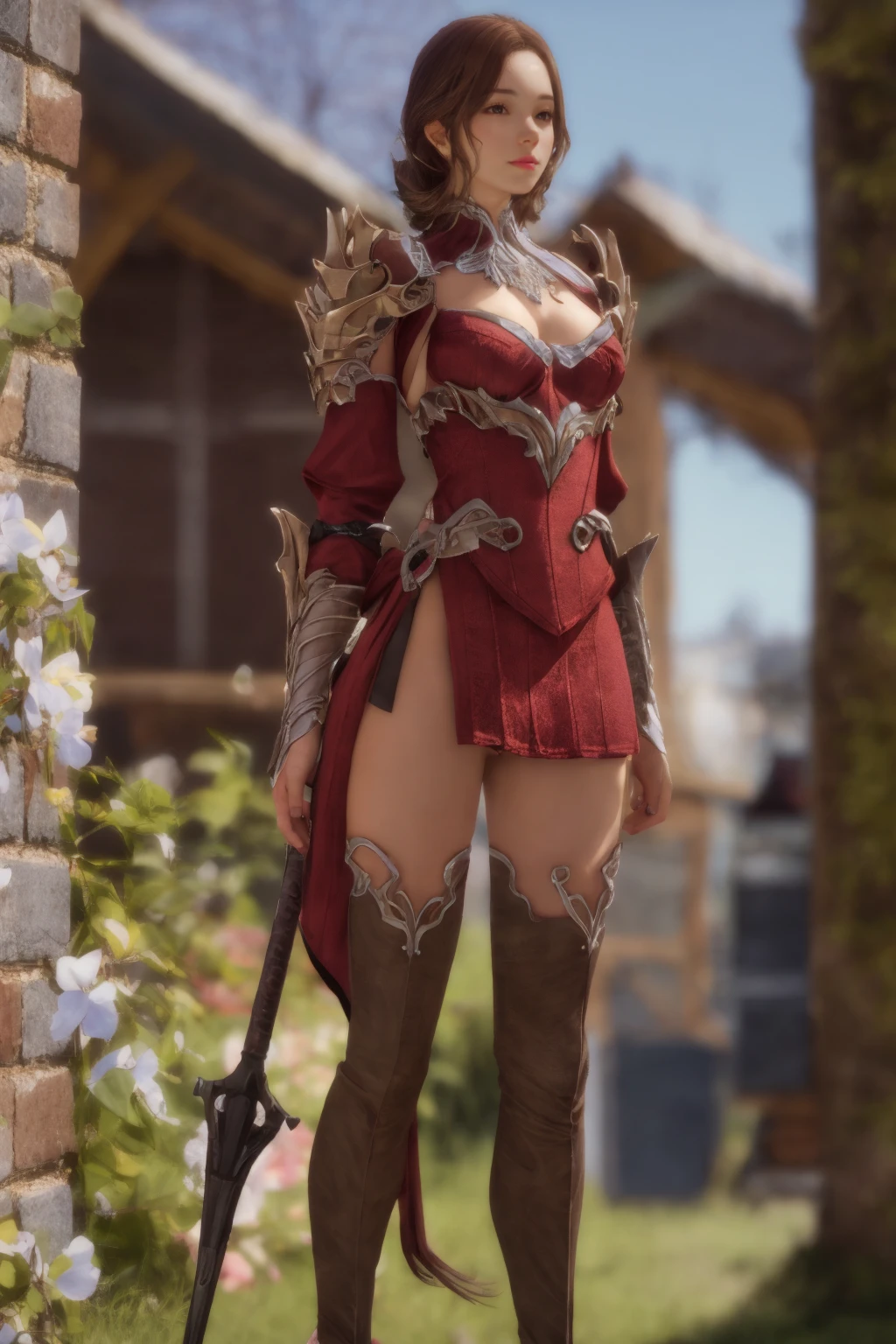 4k, 8k, ultra highres, raw photo in hdr, intricate texture, skin imperfections,detailed skin, realistic, detailed facial features, highly detailed face, perfect lighting,stone wall,detailed background,<lora:LOAOutfit5:0.7> LOAOutfit5,red dress,thigh boots,pauldrons,armor,Spear