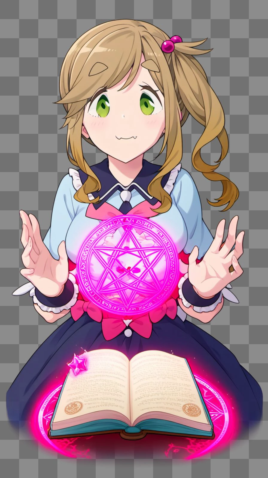 score_9, score_8_up, score_7_up, inuyama_aoi, yurucamp, mediam_hair, breasts, bangs, brown_hair, hair_ornament,, side_ponytail, swept_bangs, thick_eyebrows, hair_bobbles, skin_fang, green eyes , fang, magical girl, magic circle,glowing effect, book of magic, <lora:lora_XL_yurucamp_inuyama_aoi_v3_pagedAdamW8bit_d32a16:1.0:lbw=NP3XL>