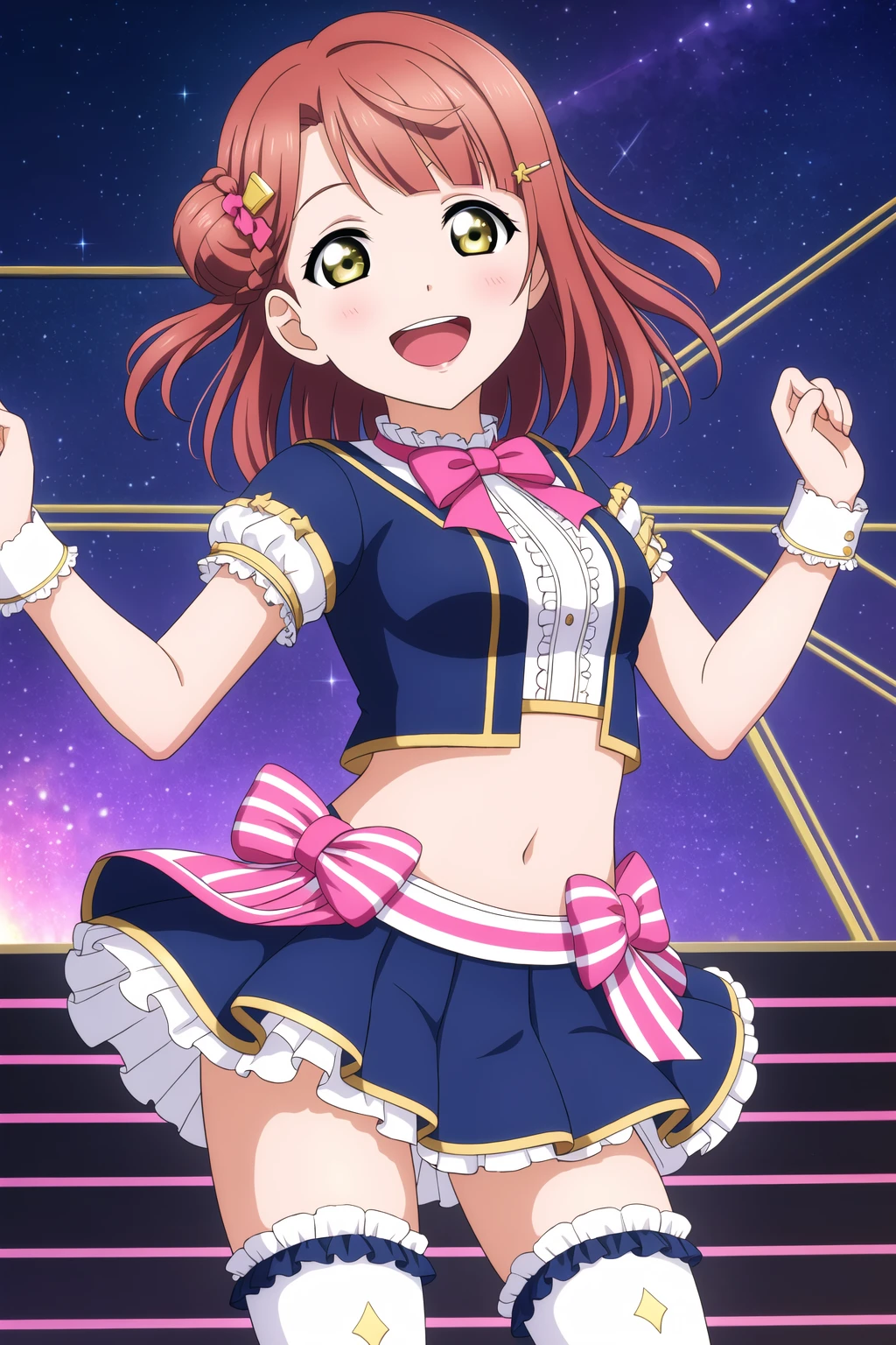 1girl, masterpiece, best quality, highres, absurdres,
ayumu uehara, pink hair, hair ornament, yellow eyes, <lora:AyumuaUehara_Mistoon_Locon_CulturedDiffusion:0.6>
starry sky, stage, idol, white thighhighs, frilled thighhighs,
smile, open mouth, hand on own stomach, spread legs,