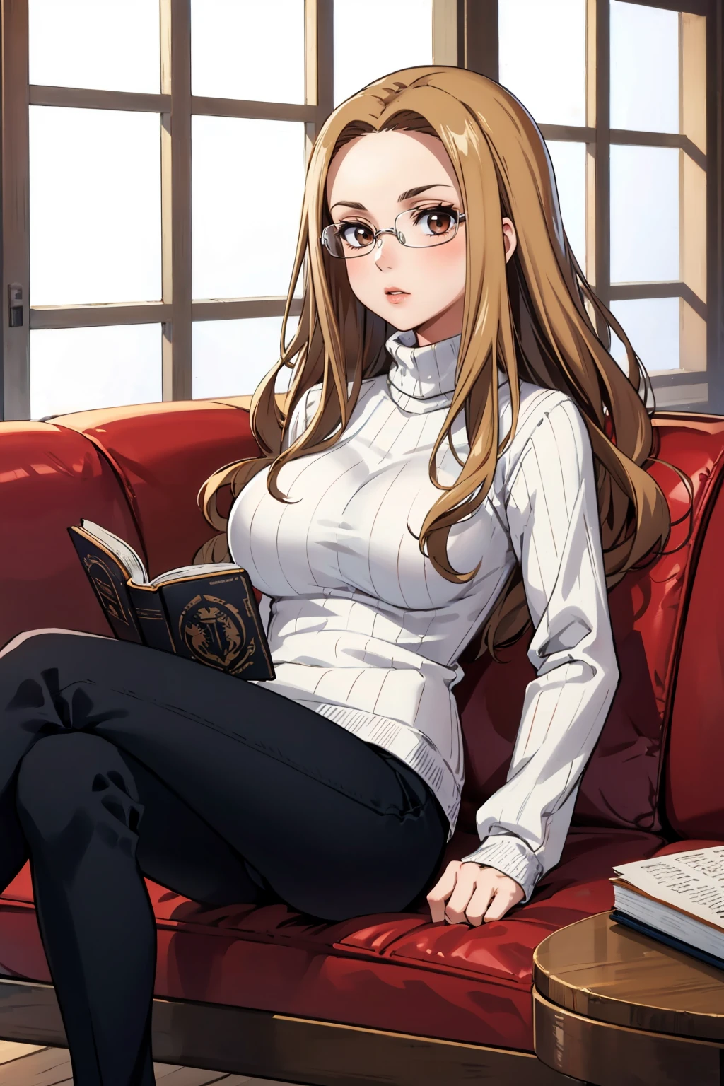 masterpiece, best quality, <lora:ftevergreen-nvwls-v1-000010:0.8> ftEver, glasses, large breasts, white sweater, ribbed sweater, turtleneck, reading a book, sitting, couch, black pants