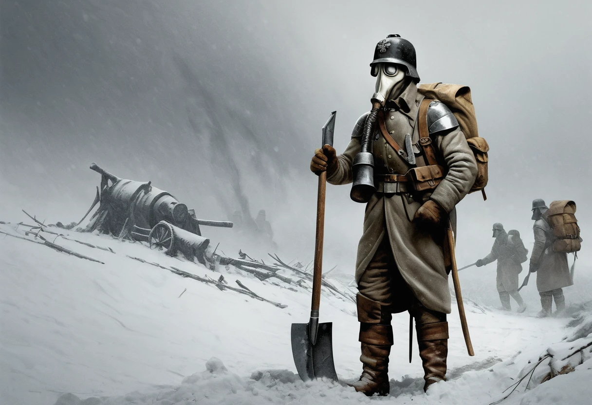 A drawing of a soldier from the Death Korps of Krieg 158th. He is standing in a snowy trench, wearing a gas mask and a steel helmet. He is carrying a backpack, a shovel, and a pickaxe. The background is a bleak and snowy landscape. By Volkan Küçükemre.
 <lora:Death-Korps-000007:1>