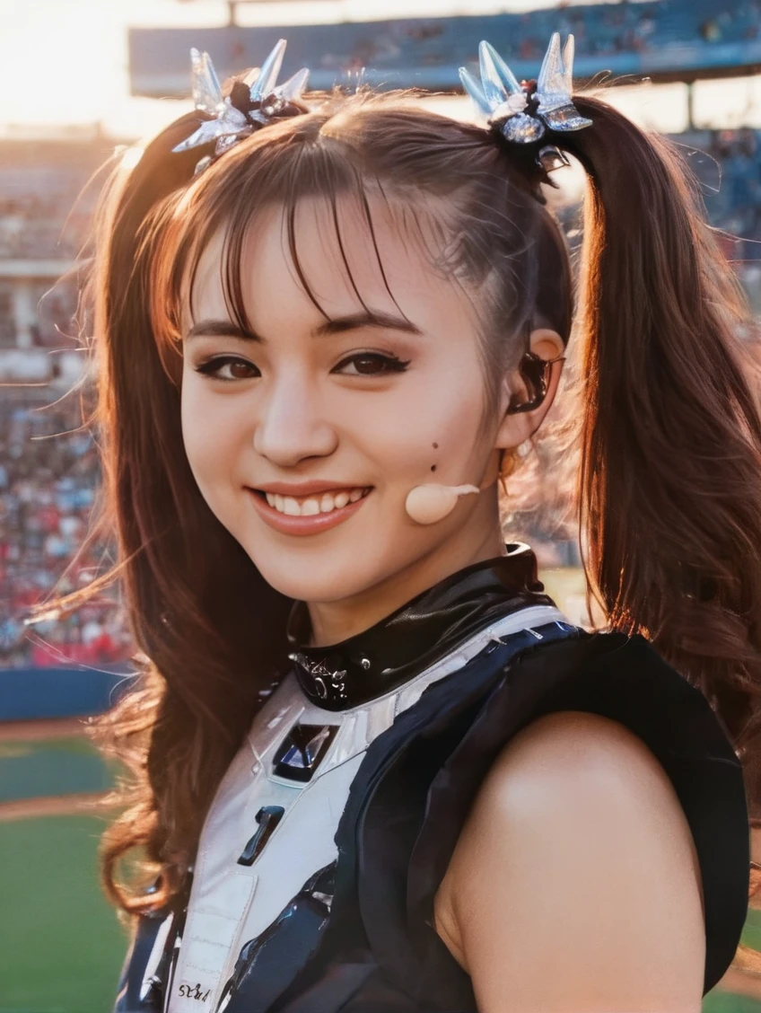 a beautiful picture of moakXL, detailed skin texture,masterpiece, photorealistic, woman, 4k, backlighting, light, RAW color photo,(fully in frame:1.1), (blush:0.5), (goosebumps:0.5),pigtails, <lora:moakXL:1> wearing a (cheerleader outfit:1.3), baseball stadium, cute smile