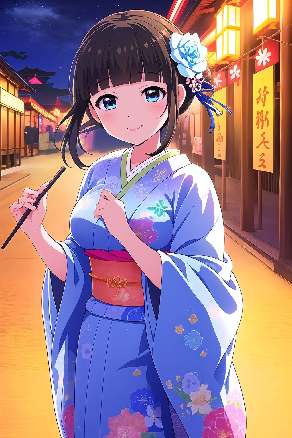 (masterpiece, best quality), highly detailed background, perfect lightingbest quality, asahinakokomi, solo, outdoors, night, summer festival, black hair, hair bun, hair flower, hair ornament, blunt bangs, short hair, blue eyes, medium breasts, blue kimono, floral print, japanese clothes, smile, closed mouth, pink lips, <lora:Asahina-Kokomi:0.7>