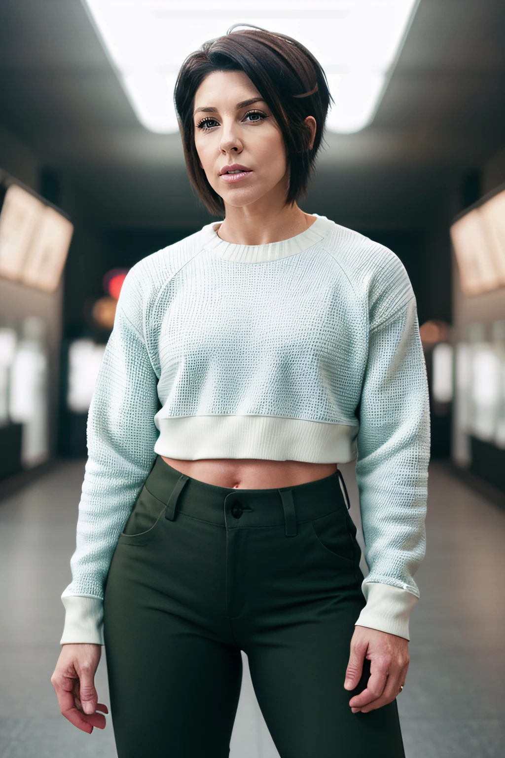 a urban american model, short bob hairs, wearing active outfit, long eye lashes, realistic photography, living in colarado, out for a run