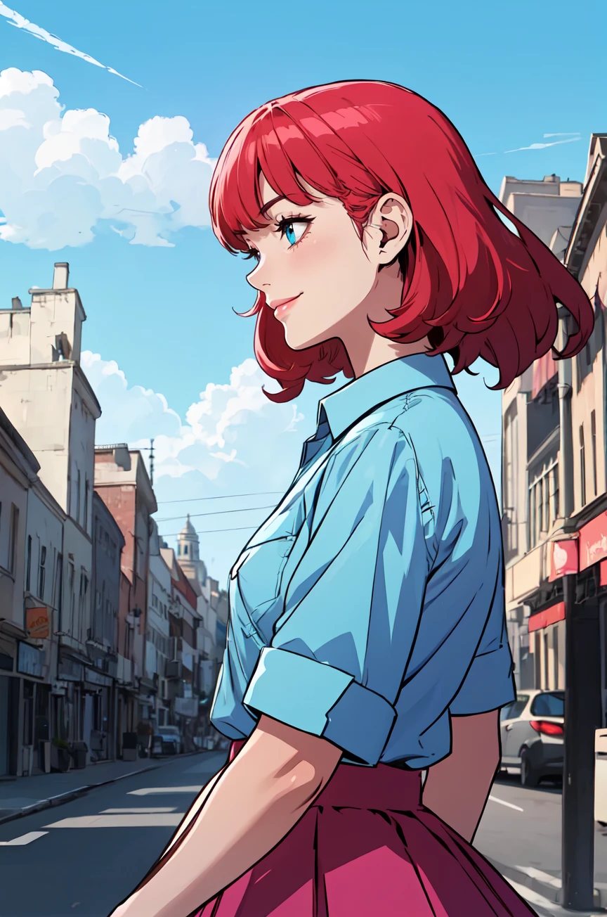 masterpiece, best quality,1girl,smile,stage,collared_shirt and flared_skirt as material3,upper body,flat color, cel shading,wide angle view