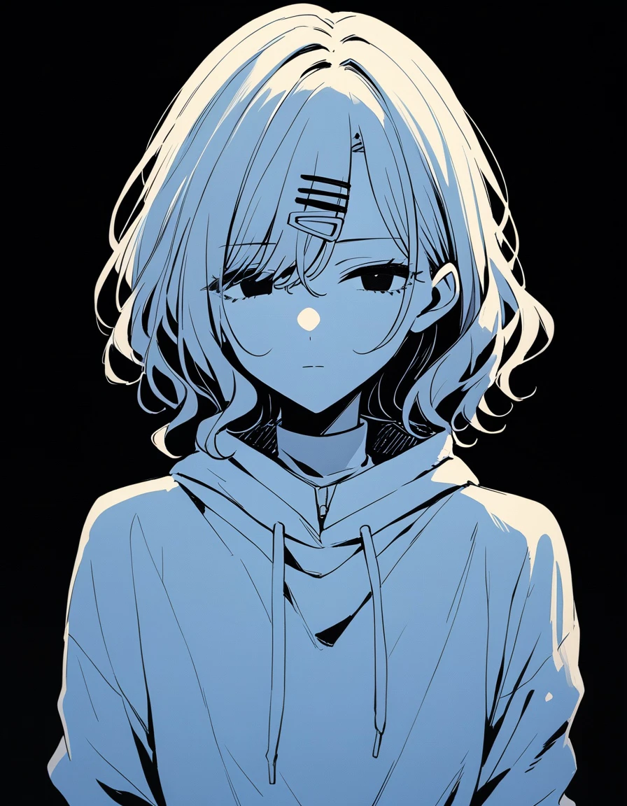 fwks, 1girl, higuchi madoka, idolmaster shiny colors, black eyes, blank eyes, expressionless, limited palette, black background, looking at viewer, masterpiece, best quality <lora:fwks:1>