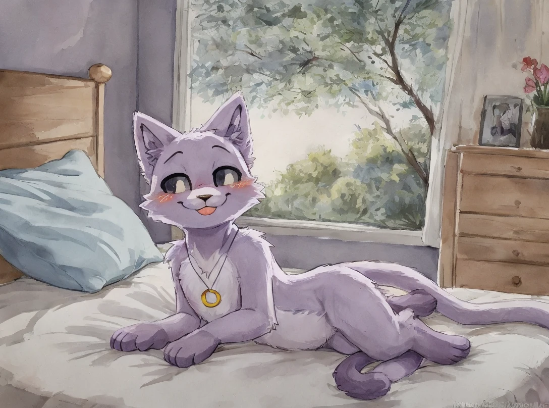 <lora:Colorwater_v4:0.7> beautiful background, detailed background, bedroom, three-quarter view,
BREAK,
<lora:Catnap_model:0.8>, <lora:add_detail:0.3>, Catnap, lying on a bed, smile, blush, looking at viewer, cute, closed mouth, black eyes with white pupils, black mouth, (crescent-shaped necklace), purple fur, great anatomy, long cat tail, pawspads