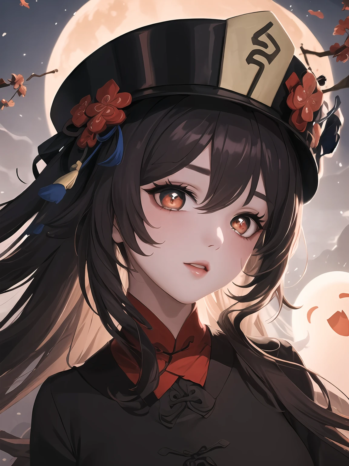 HuTaoTao, HuTaoEyes, (holding a ghost:1.3), Symbol eye, plum blossom pupil, hat, (masterpiece, top quality, best quality, official art, beautiful and aesthetic:1.2), 1girl, beautiful, high detailed, dark lighting, serious face, looking the sky, sky, medium shot, black sweater, jewelry <lora:HuTaoTaoV1-000003:0.8>