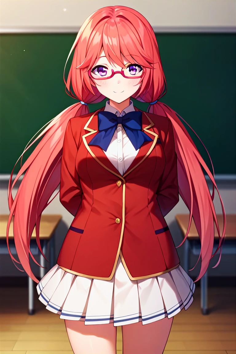 score_9, score_8_up, score_7_up, score_6_up, score_5_up, score_4_up, rating_questionable, , source_anime, digital illustration, pixiv, fanbox, uncensored, , BREAK, official art,
1girl, , female, airi sakura, red hair, long hair, purple eyes, low twintails, glasses, anime screen cap,
school uniform, red jacket, blue bow, white skirt, classroom,, light smile, blush, outdoors, looking at viewer, cowboy shot, colorful, vivid <lora:Airi_Sakura_Pony-000009:0.8>