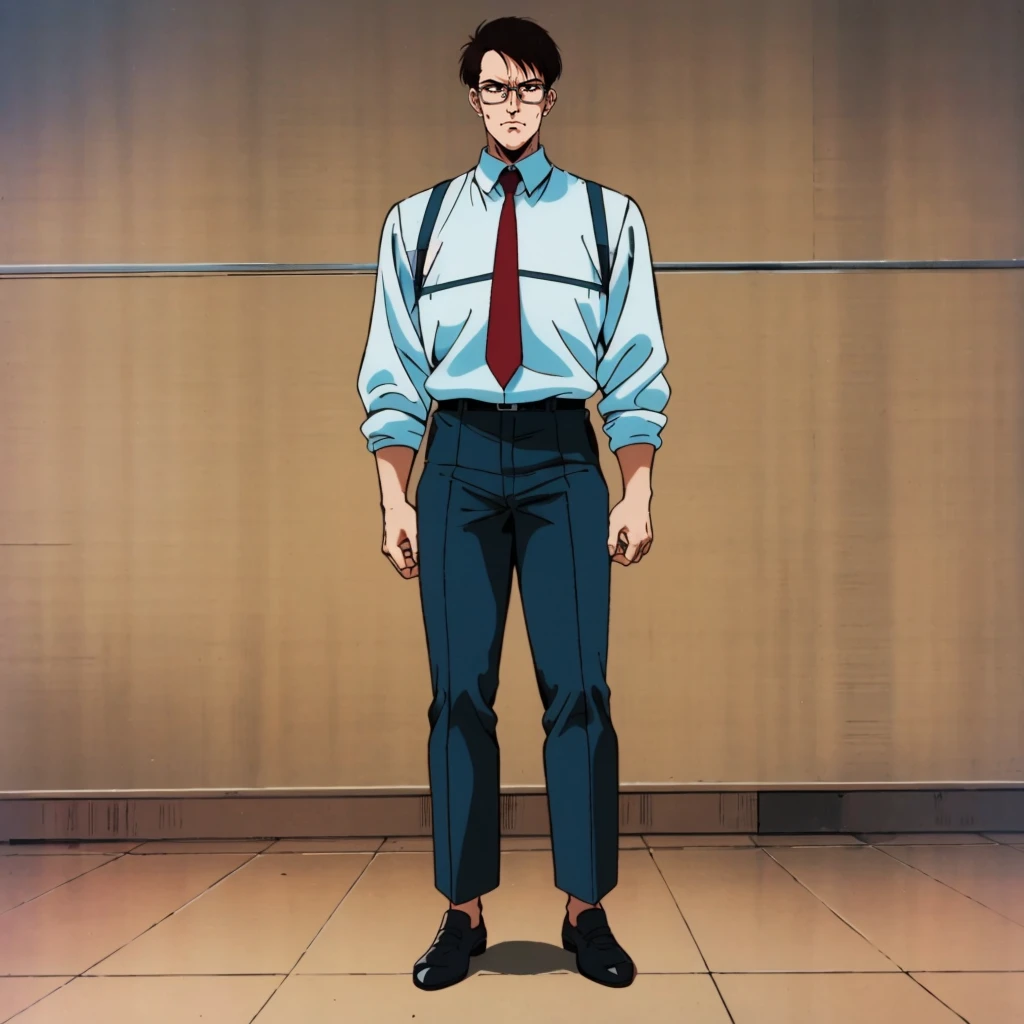 <lora:HirakawaMasumi001:0.7>,solo,
HirakawaMasumi,1man,black hair,short hair,black eye,eyewear,retro artstyle,1980s (style),
collared_shirt,pants,full body,