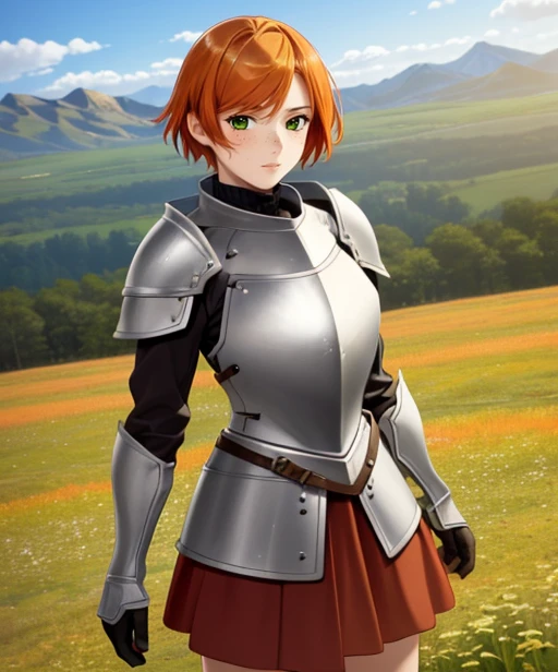 portrait, (adult woman), (1girl, solo), (looking at viewer), ((knight, armor, skirt)), freckles, (orange hair, medium hair), (green eyes), ((field, mountains)), (best quality, high detail), ((masterpiece)), <lora:1_ino_20e:1>