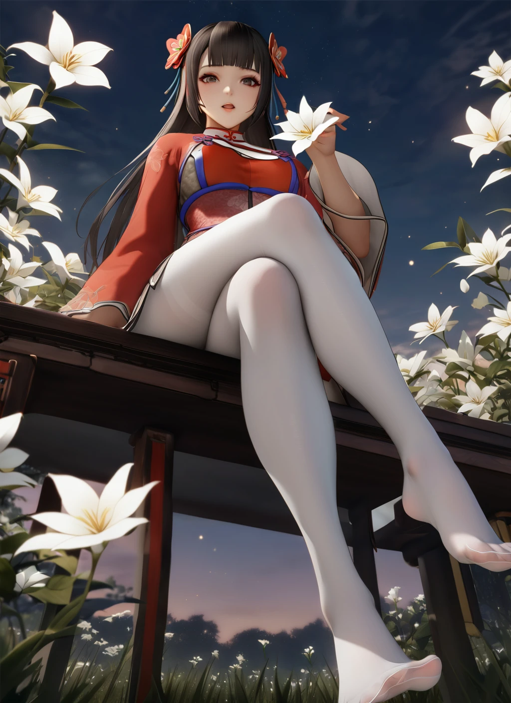 masterpiece, best quality, dynasty warriors_daqiao, chinese clothes, red dress, from side, from below, black eyes, long hair, blunt bangs, sitting, white flowers, jasmine \(flower\), night, flower land, grasslands, flowers on hand, looking at viewer, open mouth, glowing flower, gradient sky, white pantyhose, crossed legs, pov, foot focus, <lora:dynasty warrios_大ä¹_xl:0.7> <lora:lily_style_xl:0.4> <lora:rei_style_xl:0.4>