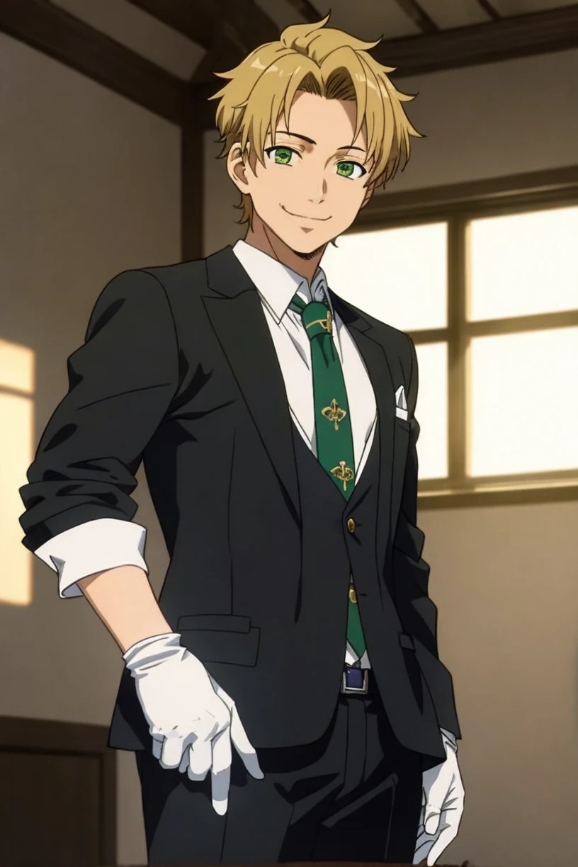 masterpiece, 1boy, mature male, cowboy shot, looking at viewer, smile, white glove, toshirop5t, suit, shirt, necktie, short hair, rudeus office, green eyes,