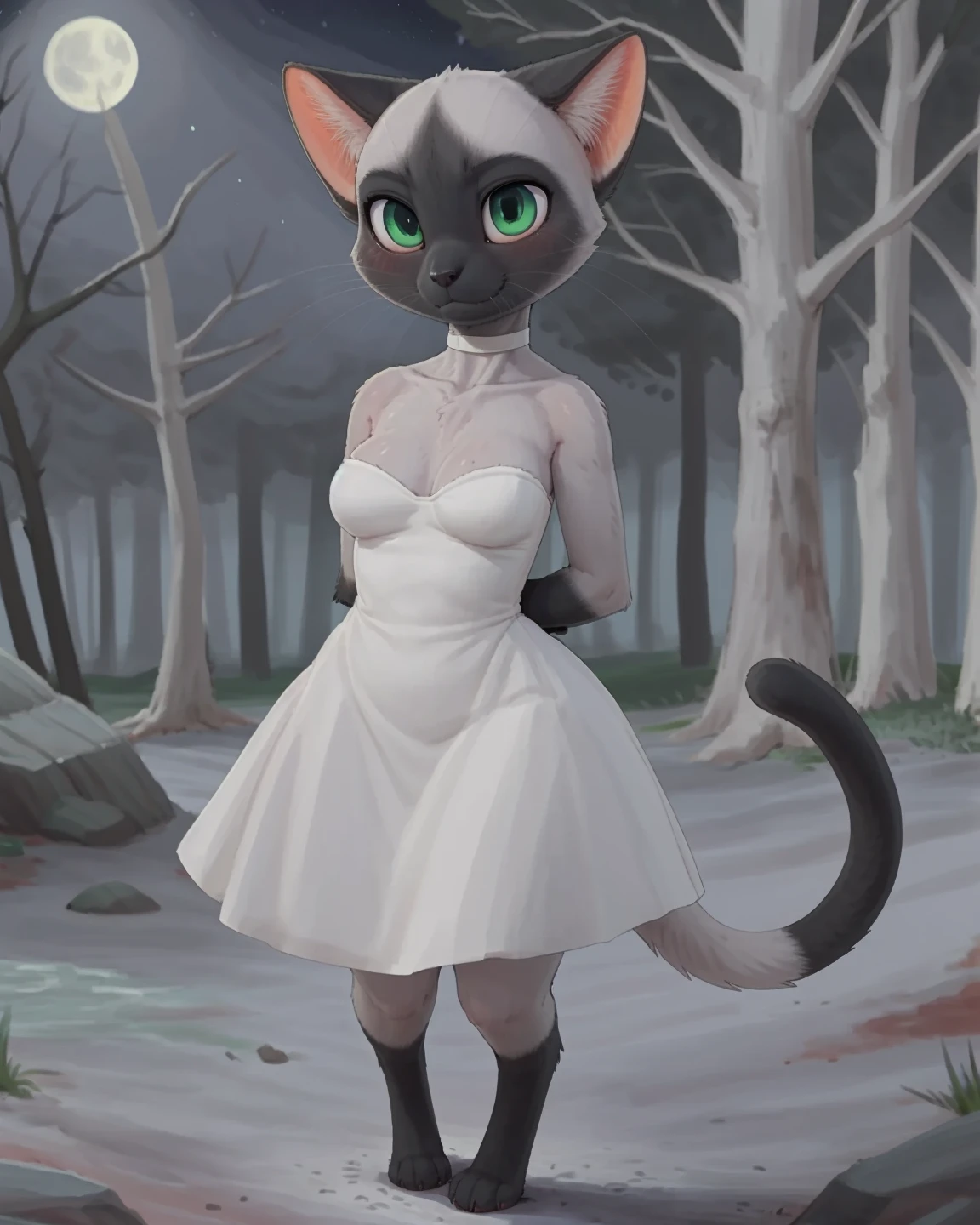 by pixelsketcher, by dagasi,
(shanet, siamese, feline), green_eyes, gray_fur, wide hips, breasts, bald, long_tail, white_clothing, cocktail_dress, strapless_clothing, choker, standing, multicolored_body, whiskers, narrow_legs, <lora:Chanet_the_cat_test3:1>, forest, night, full_moon, backlighting, 4_toes, paws, hands behind back,