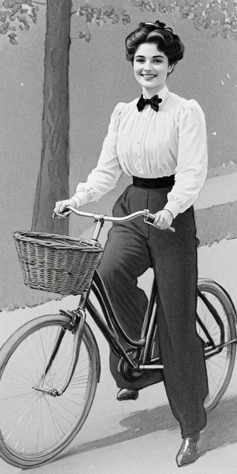 closeup, lineart, line art ink sketch illustration drawing, pen strokes, in the style of Charles Dana Gibson  of b1k3g1rl,Gibson Girl, updo hairstyle, breasts, smile, bloomers, full body, outdoors, solo focus, day, tree, shadow, shirtwaist, basket, road, riding, riding bicycle, bicycle, bicycle basket , circa 1896 <lora:Girls_on_Bikes_XL:0.9>
 <lora:1890_Dress:1> 1890_dr3ss