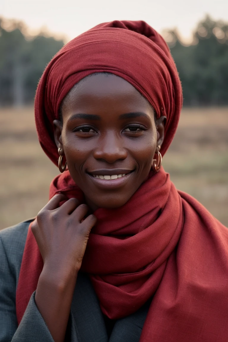 emotional photo of happy smiling african woman Joanna, proffesional photomodel, in rugged ornamental clothes, (clean hands pose,:1.2)dark suntanned skin, (red scarf:1.1), native ethnic wooden necklace, blue coat, face, perfect teeth, 8k uhd, high quality, film grain, looking at viewer, portrait, (skin pores:1.2), (moles:0.8), (imperfect skin:1.1), intricate details, goosebumps, flawless face, ((photorealistic):1.1), (raw, 8k:1.2), hyper realistic, HDR, cinematic, dark, muted colors, atmosphere, ((macro lens)), after dusk, outdoors professional, simple