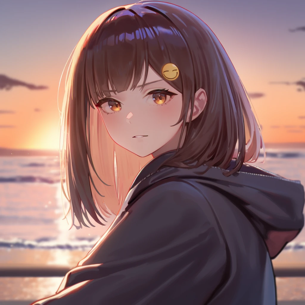 1girl, nanami \(virtuareal\), serious face, close-up, looking at viewer, smiley face hairclip, sitting by ocean, sunset, hoodie, masterpiece, best quality, absurdres <lora:nana7mi_xl-000042:1>