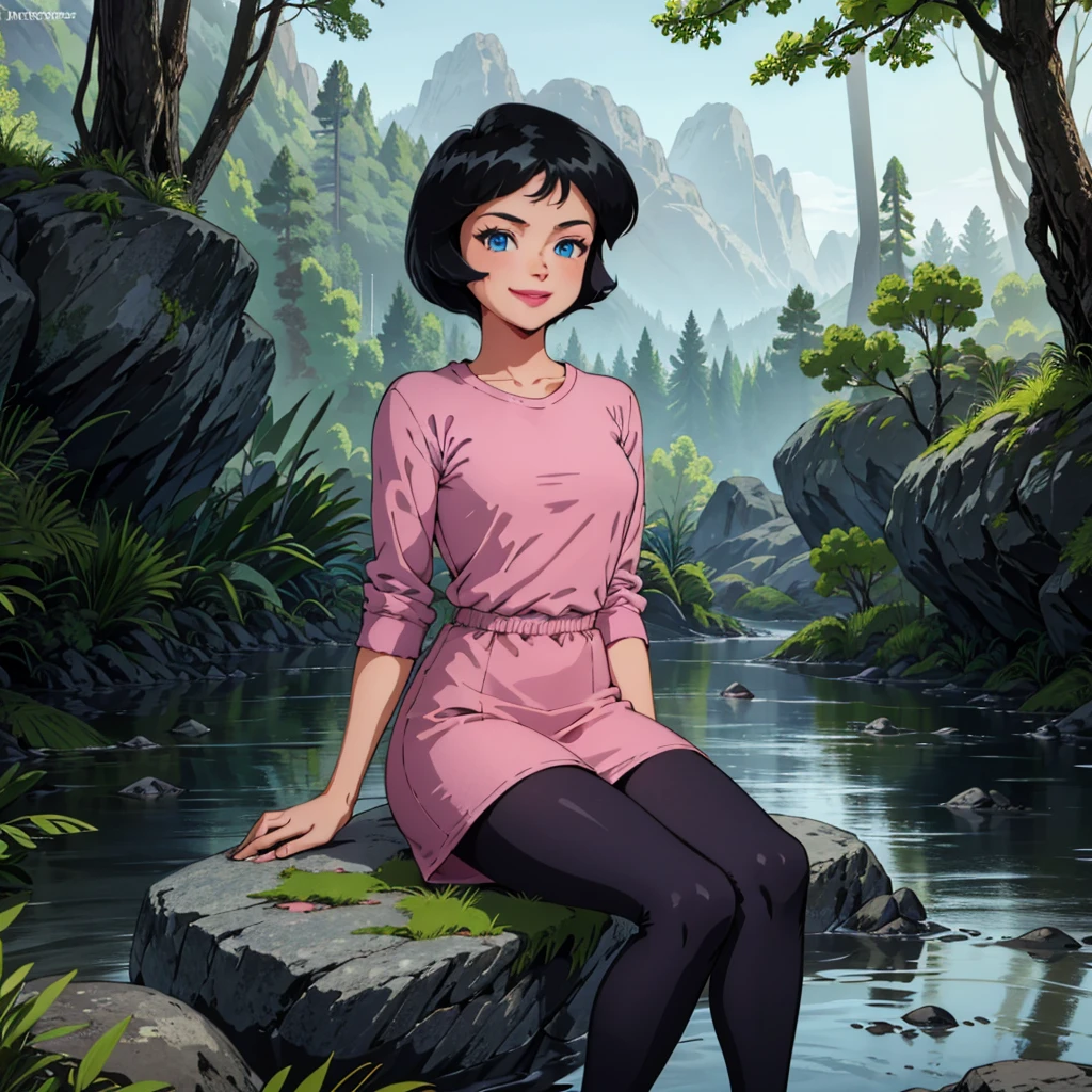 1girl,solo, dominique   , short hair, black hair, blue eyes, lipstick, smile, retro artstyle, <lora:Dominique_TotallySpies_Leaf1:0.8>,  ooking at viewer, forest, pink shirt, black legwear,  sitting, sitting on rock,