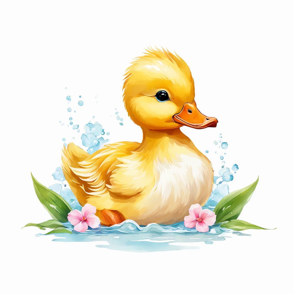 Clean watercolor clipart of cute duck in water with floral elements, on white background