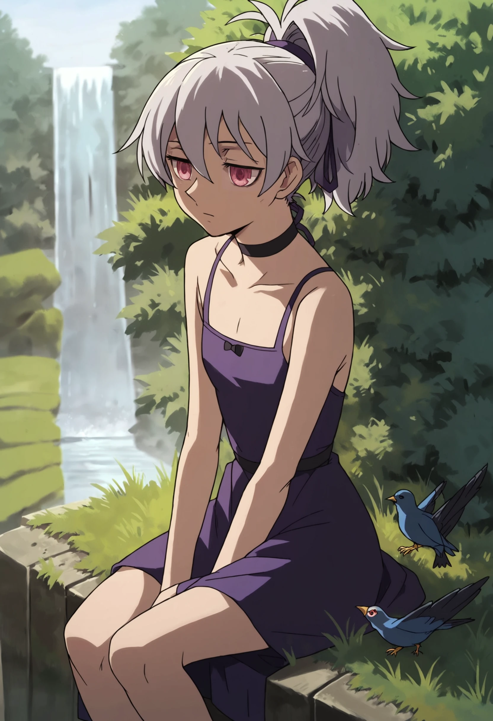 (score_9,score_8_up,score_7_up,score_6_up,score_5_up,score_4_up, source_anime:1.3), vivid colors, <lora:add-detail-xl:1>, 1girl, (Yin_DDB:1.3), silver hair, pink eyes, black and purple dress, black choker, ponytail, (sitting on a chair outside on a summer day, sunshine, grass field, slight breeze, detailed background, waterfall, birds:1.2), <lora:Yin_DDB_v10-000011:1>