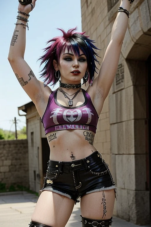 emo girl with black and pink hair, black glasses, choker